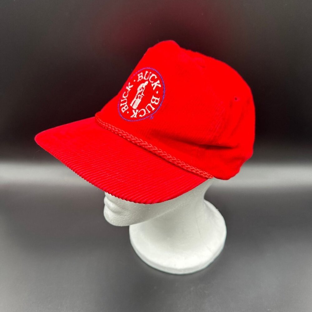 Vintage Buck Knives Hat Red Corduroy Adjustable Trucker Cap Made In Korea Retro